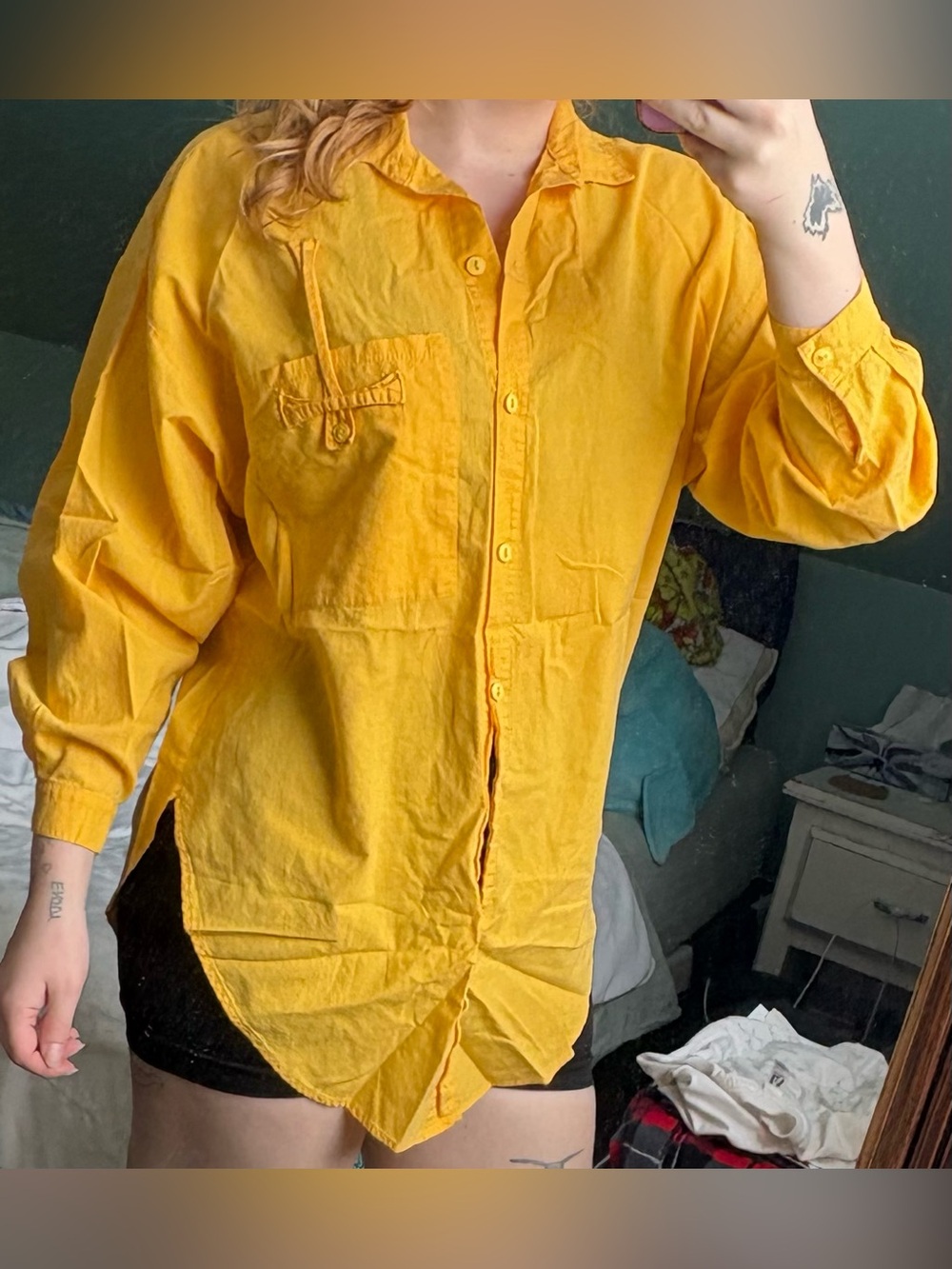 Relaxed Yellow Button-Down Shirt with Chest Pocket